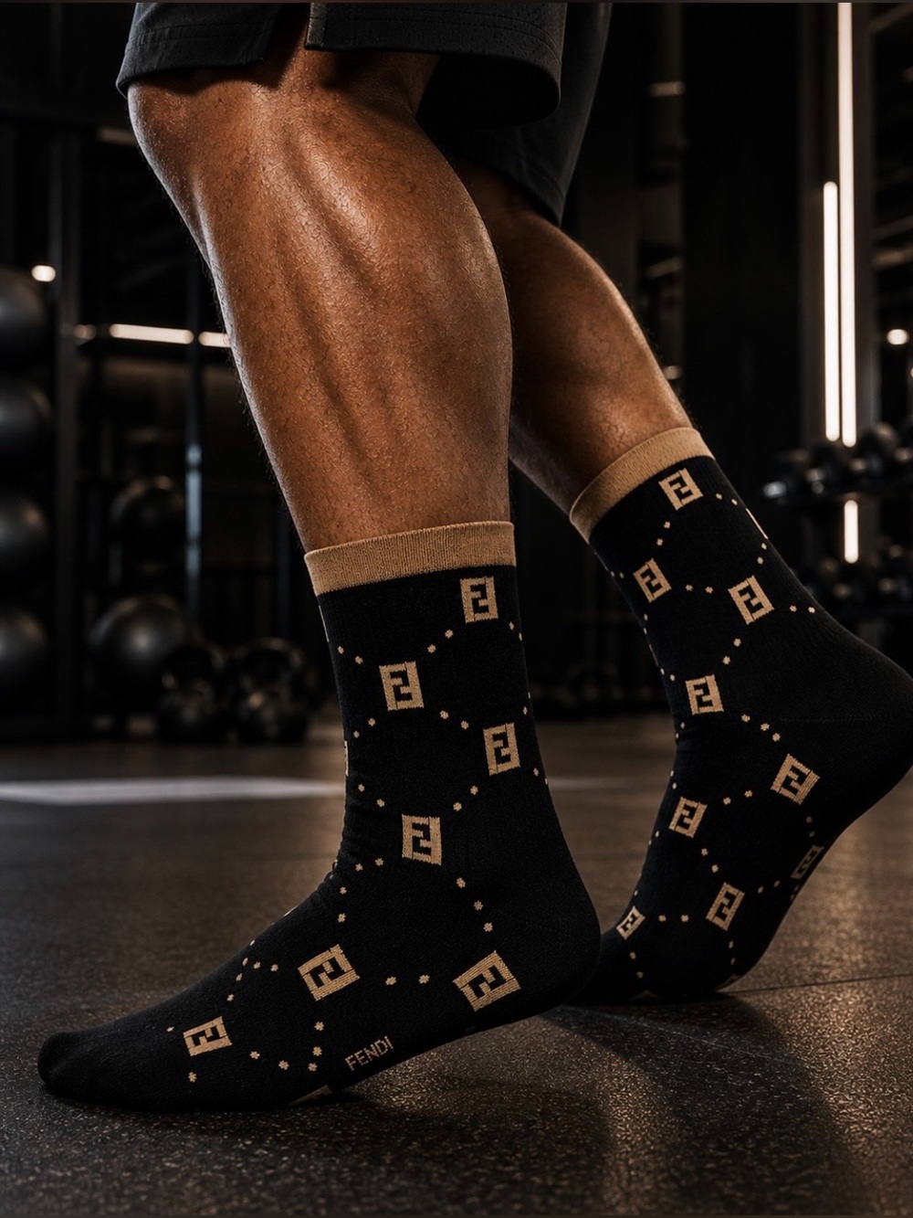 Fendi Black & Tan Logo Pattern Crew Socks